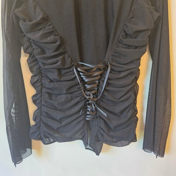 Agentovivo Ruched Black Mesh Button-Up Shirt With Lace-Up corset Back size L - Picture 5 of 7